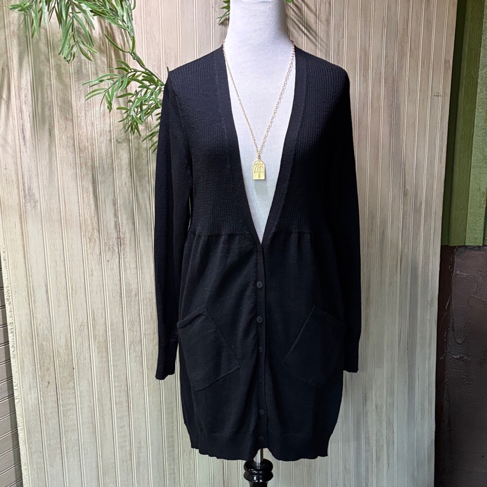 Eileen Fisher Black Wool Cardigan, Medium, Pockets, Long Sleeve, GUC